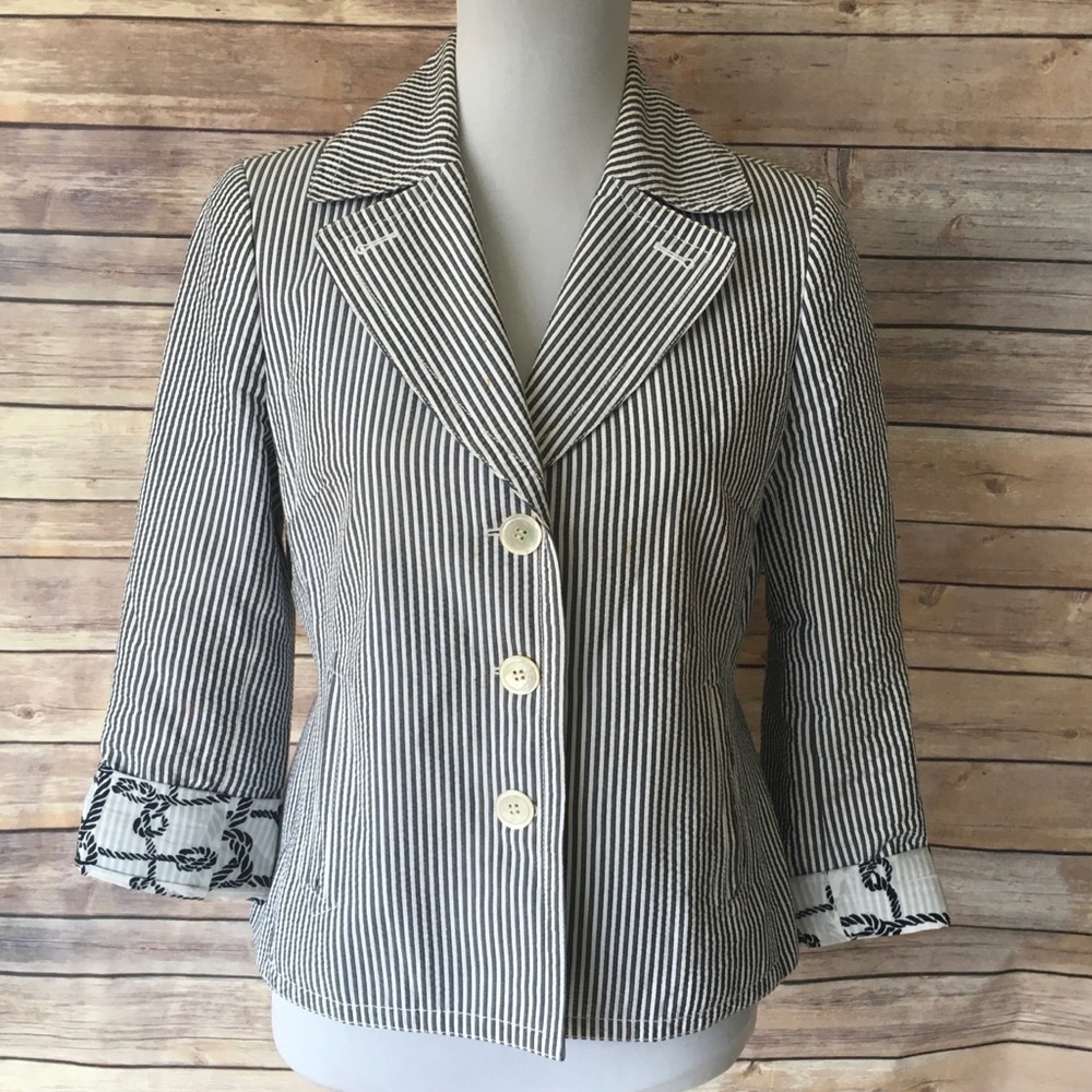 Talbots Petites Blue & White Seersucker Blazer